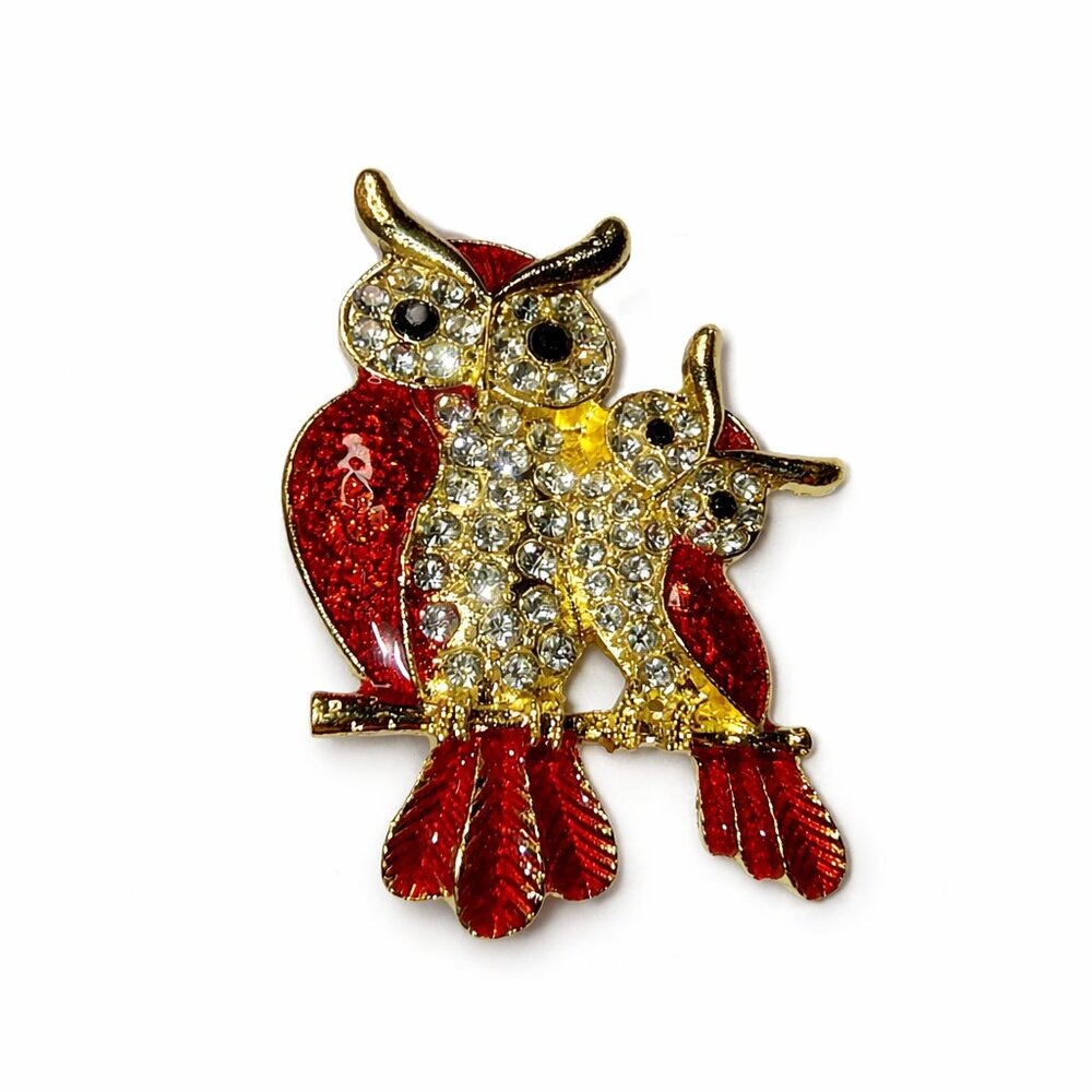 Rhinestone Owl Brooch – Red Enamel Double Owl Pin